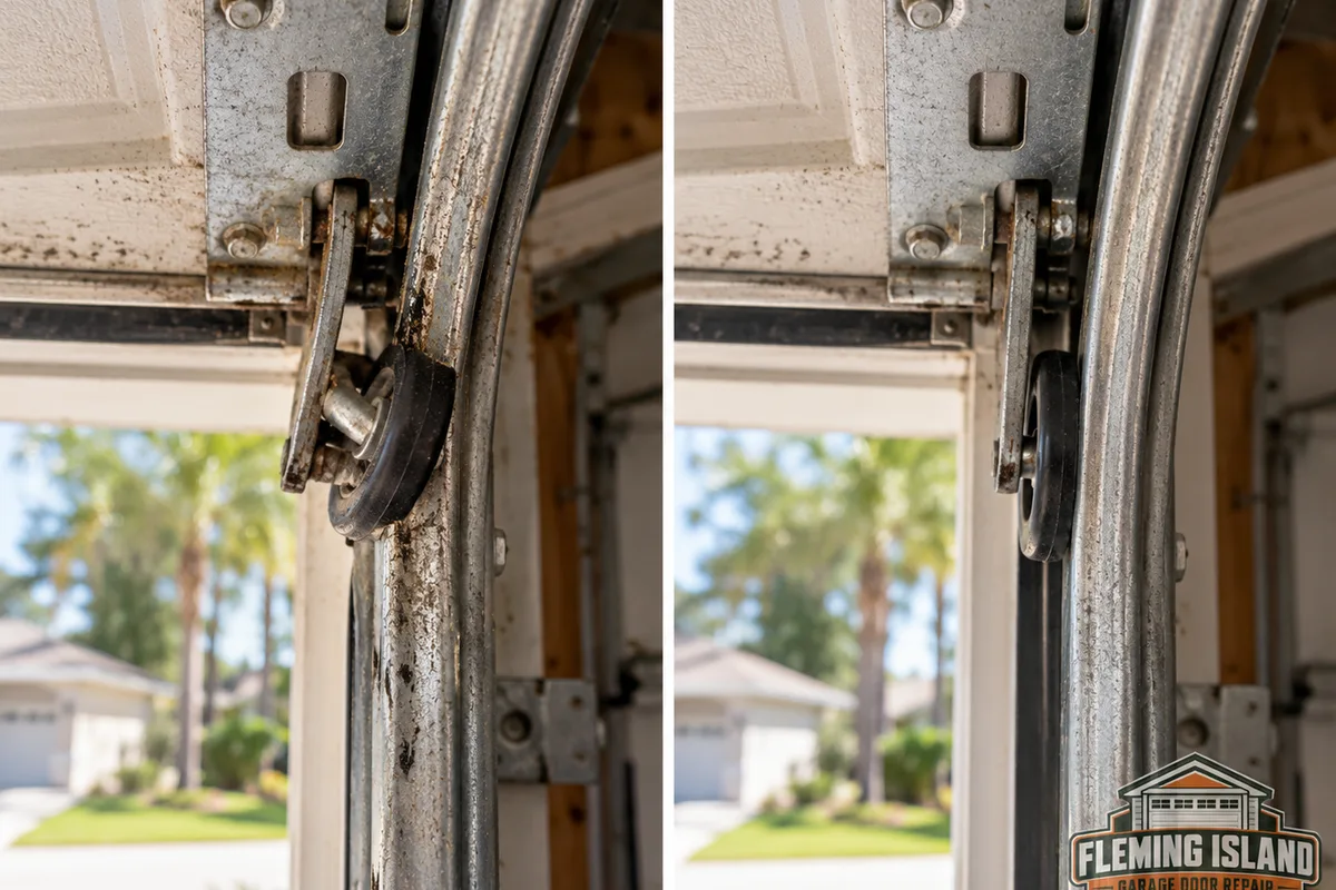 Residential sectional garage door operating evenly in clean, aligned tracks after repair