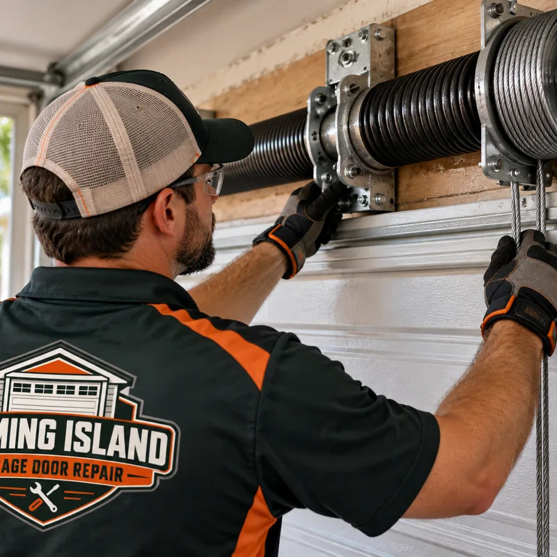 Torsion spring, cable drum, and lift cable positioned above a residential garage door