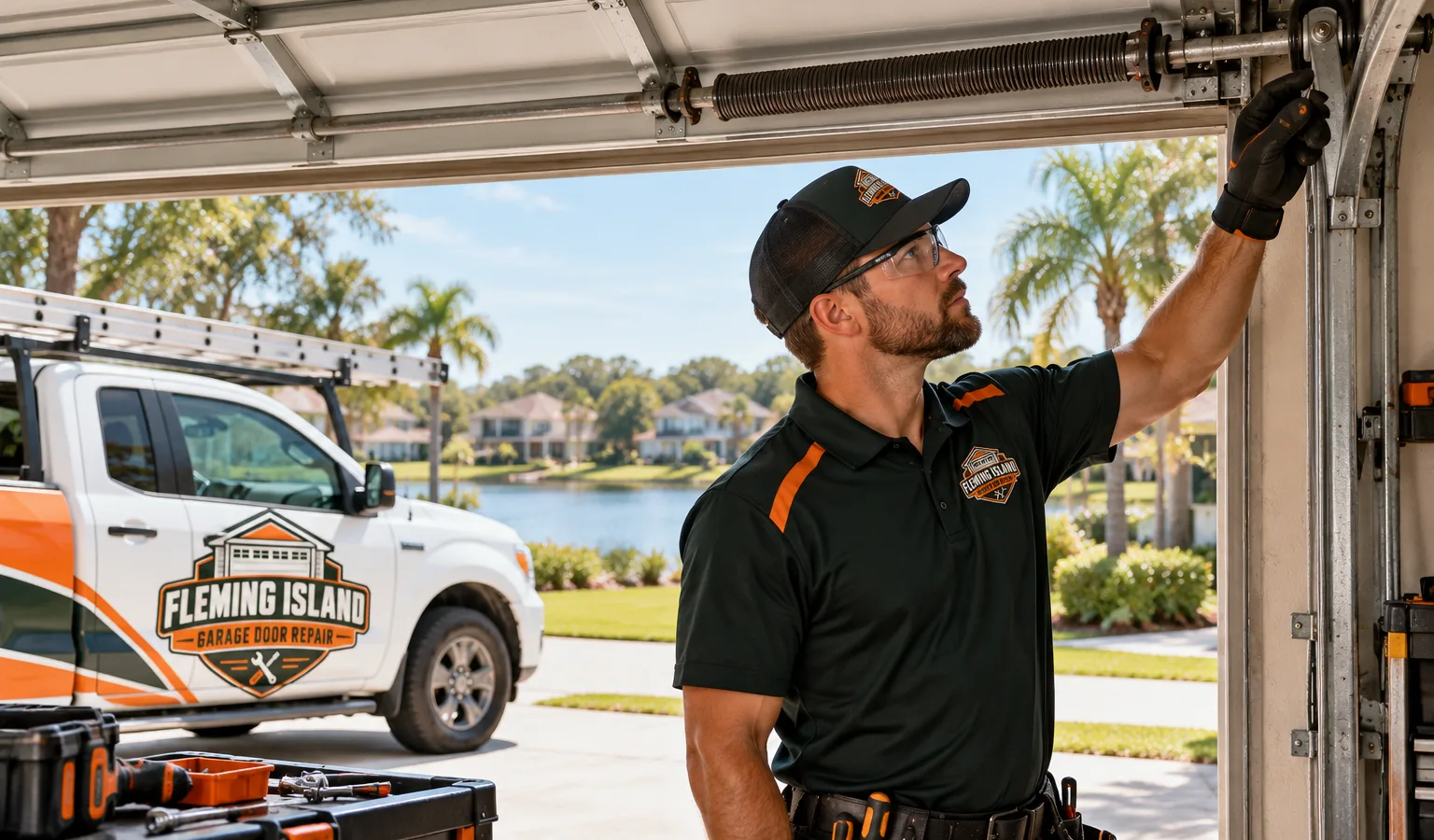 Technician inspecting residential garage door rollers, tracks, cables, and spring assembly