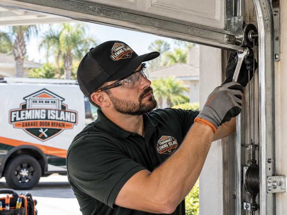Close inspection of a garage door torsion spring, lift cable, track, hinges, and rollers