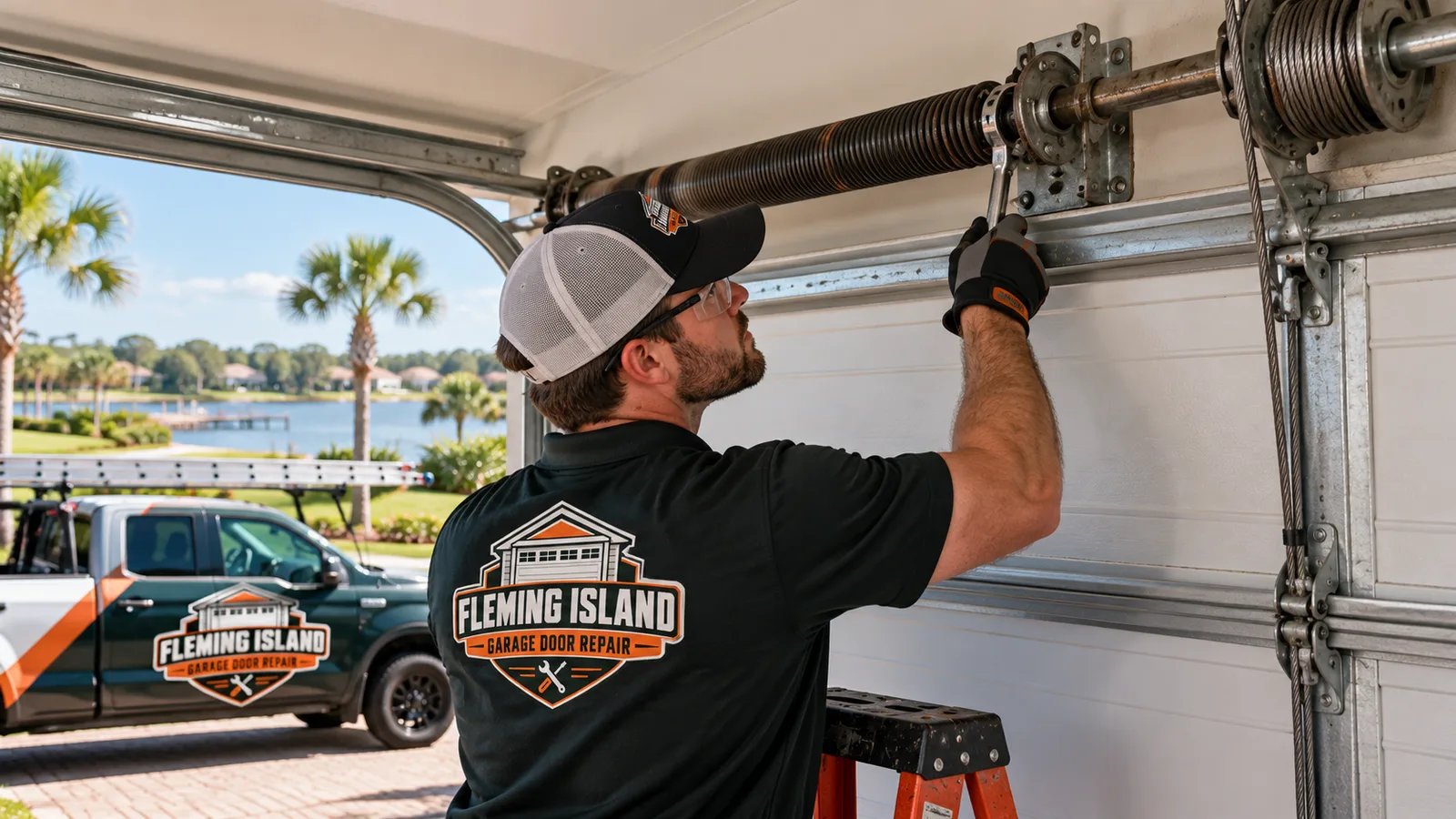 Residential garage door technician checking a torsion spring, center bearing plate, cable drums, and lift cables above a closed door