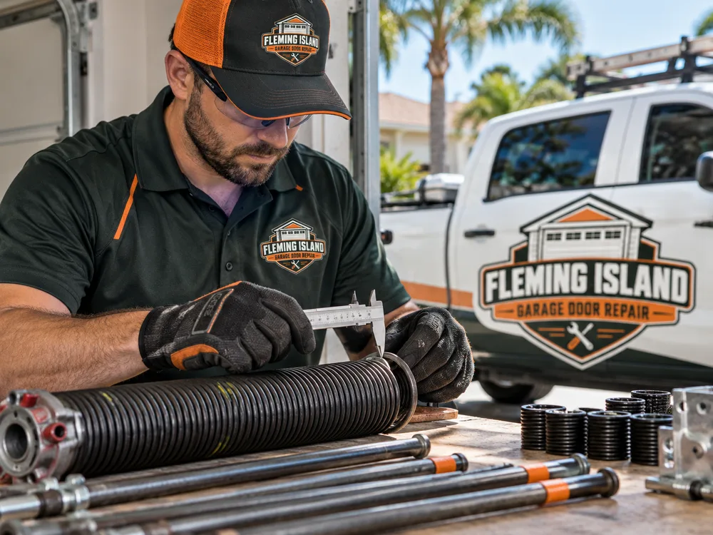 Technician measuring torsion spring wire size and coil dimensions beside winding bars and replacement components