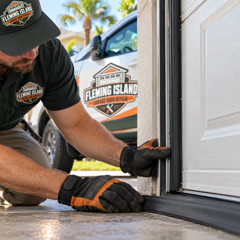 Garage door bottom seal meeting the floor with exterior vinyl weatherstripping contacting the door edges