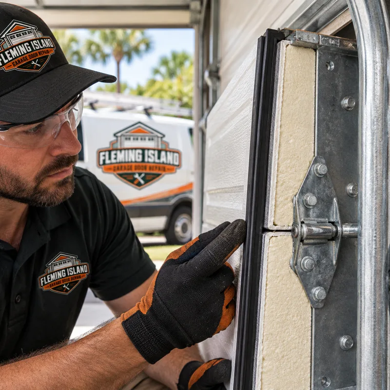 Insulated steel garage door layers, perimeter weather seal, reinforced hinge locations, and galvanized track hardware