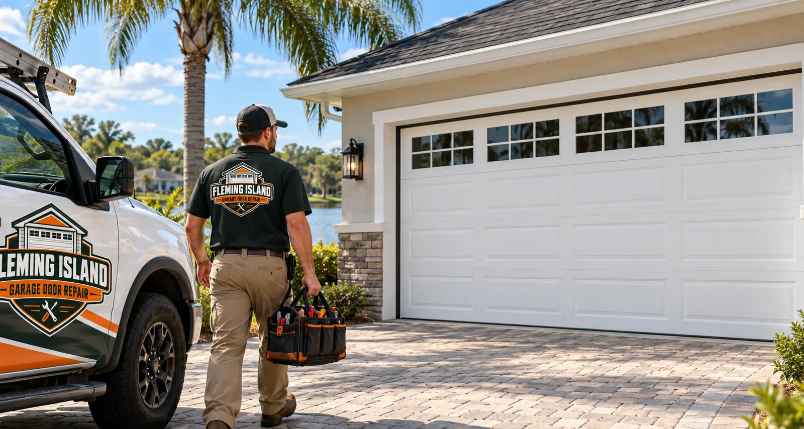Newly installed sectional garage door on a Fleming Island home with aligned panels, clean trim, and a finished driveway