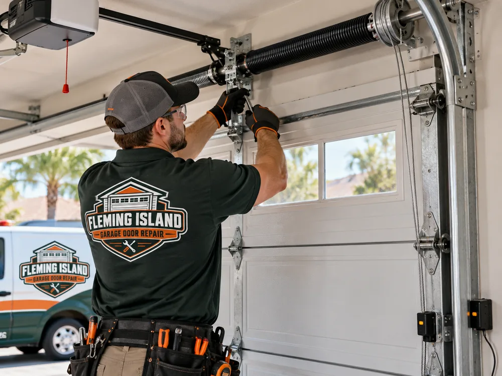 Interior of a newly installed garage door with aligned tracks, torsion spring assembly, lift cables, opener rail, and photo-eye sensors