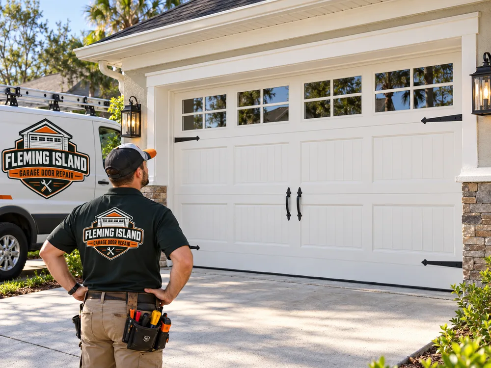 Finished carriage-style garage door with upper windows and decorative hardware on a residential garage