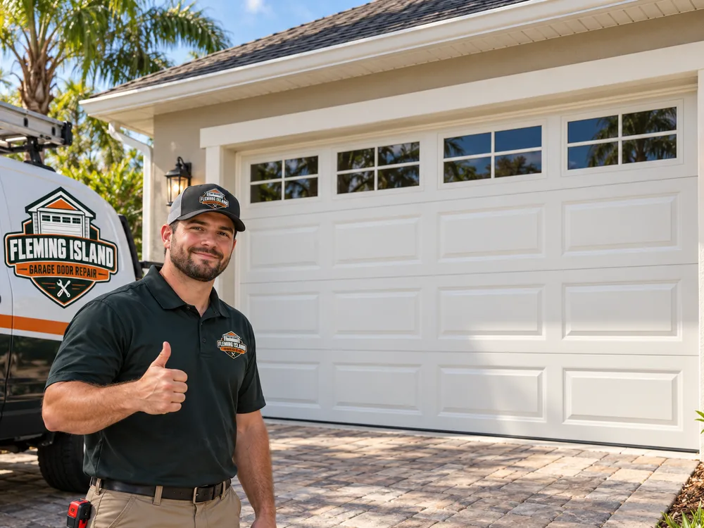 Finished raised-panel steel garage door coordinated with a Florida home's exterior trim