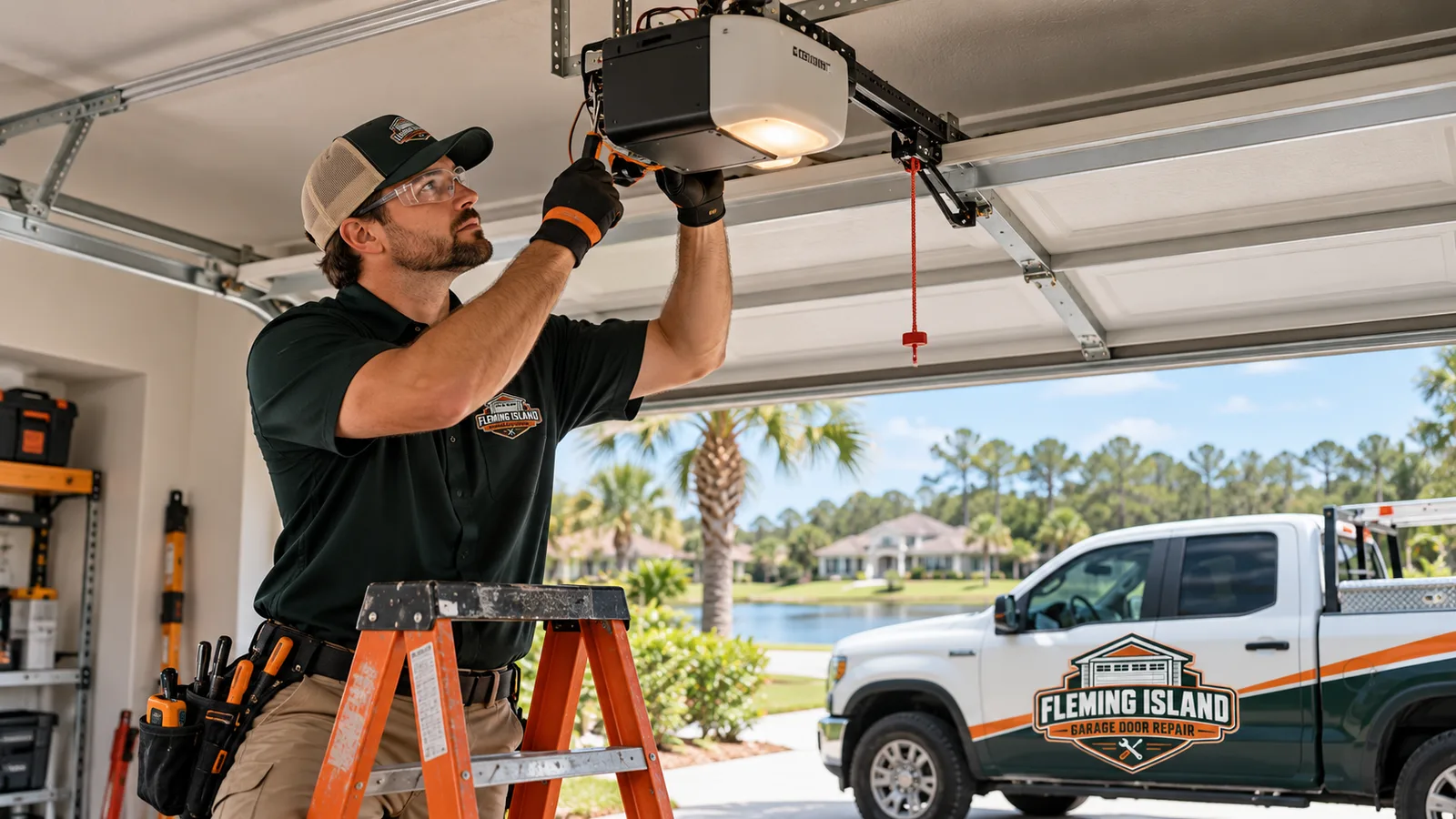Residential garage door technician diagnosing a ceiling-mounted opener and testing its travel controls inside a Florida garage