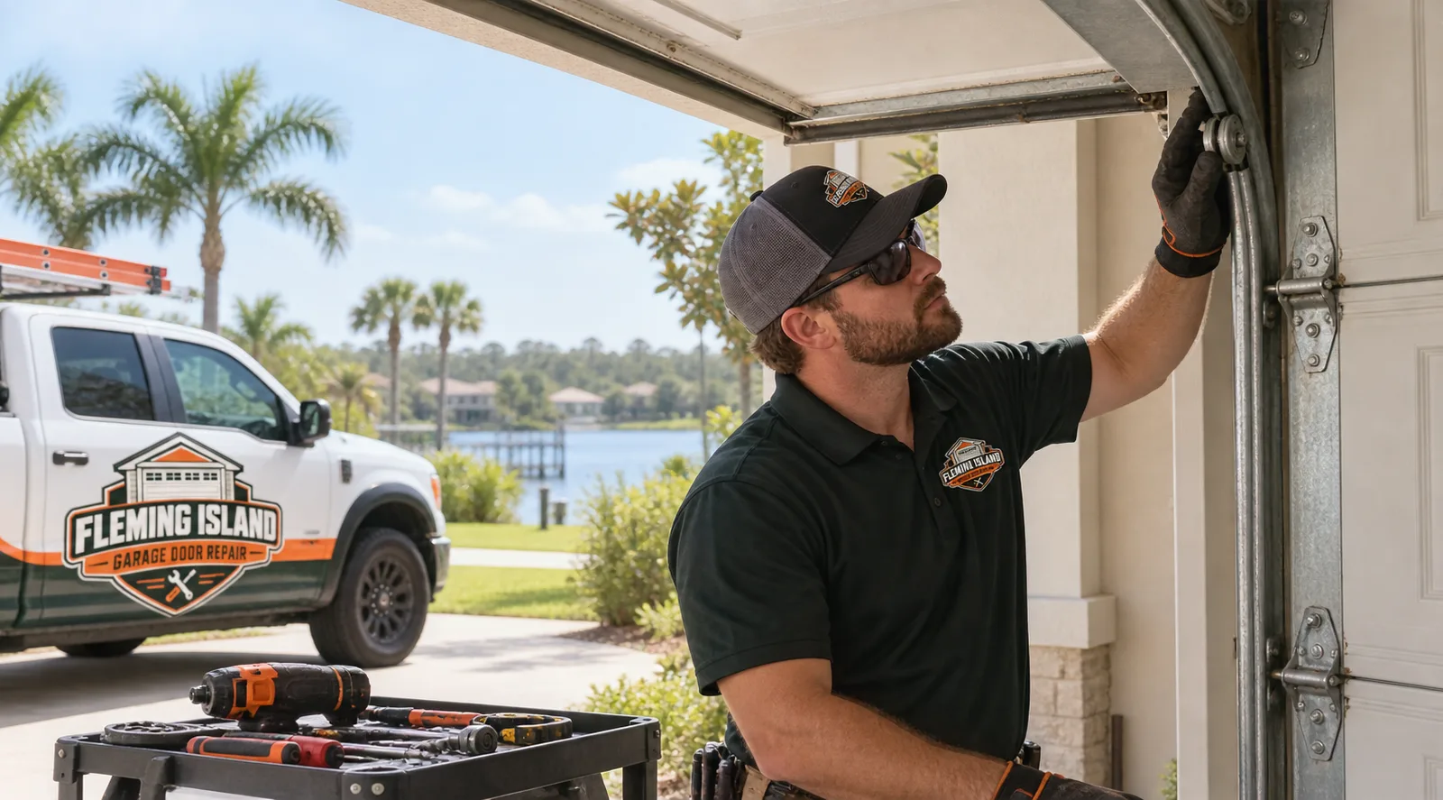 Technician inspecting the rollers and track of a stuck residential garage door with tools safely outside the opening