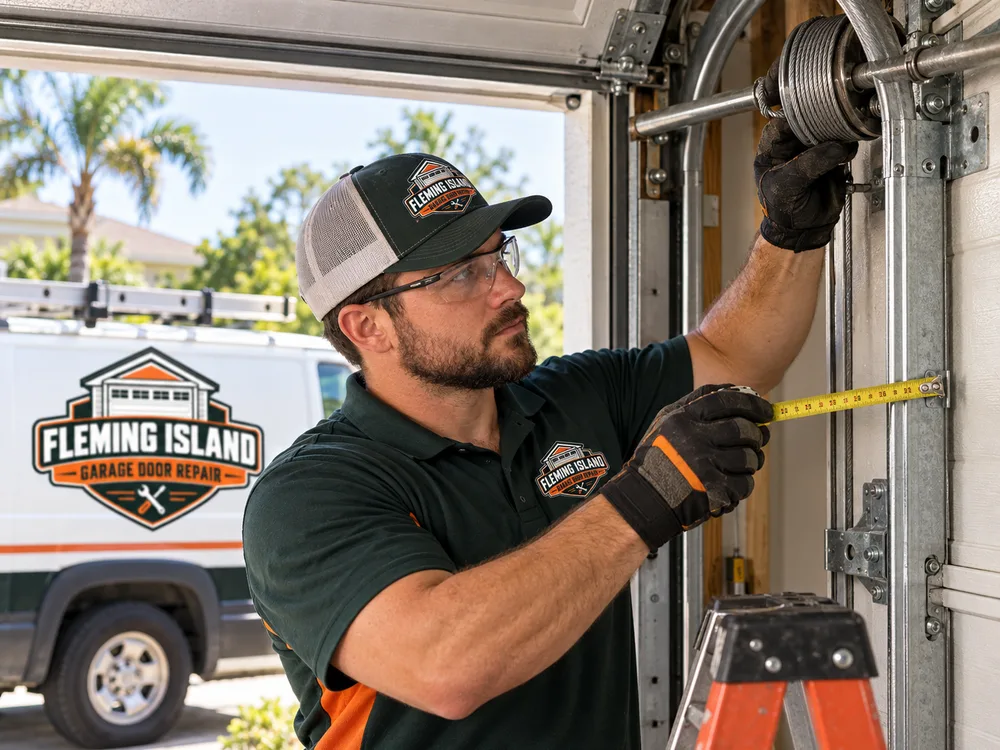Technician checking garage door cable alignment at the drum and measuring track spacing while the door is secured